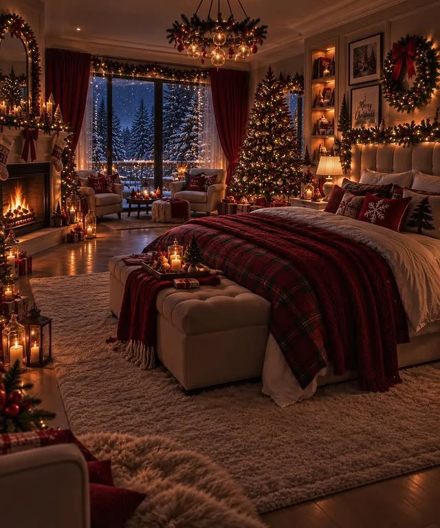 Cozy Christmas bedroom with stone fireplace, glowing tree and red plaid bedding