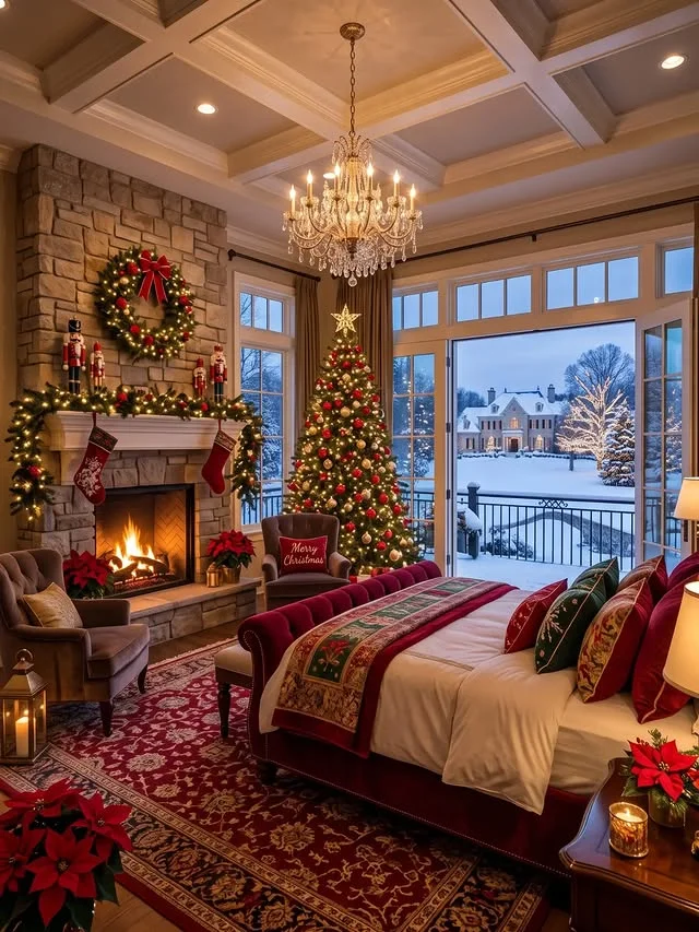 Bedroom with stone fireplace decorated with garland, nutcrackers and red velvet bed