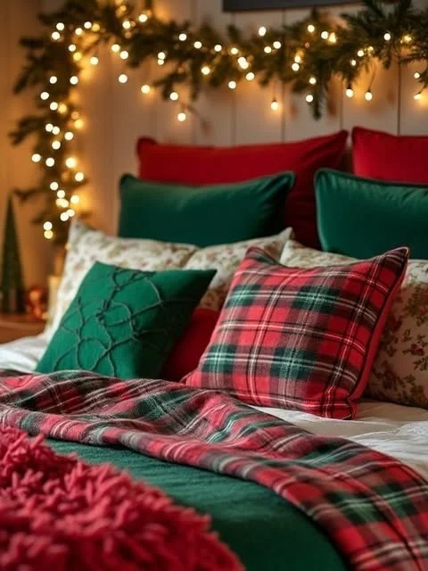 Bed layered with red and green velvet pillows, plaid throw and lit garland