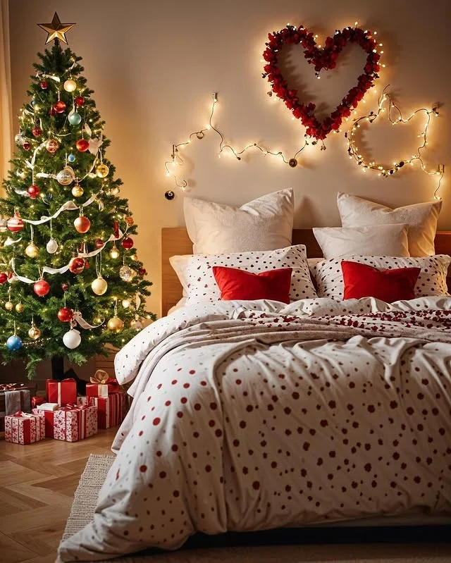 Christmas tree with red and gold ornaments beside a bed with heart wreath and string lights