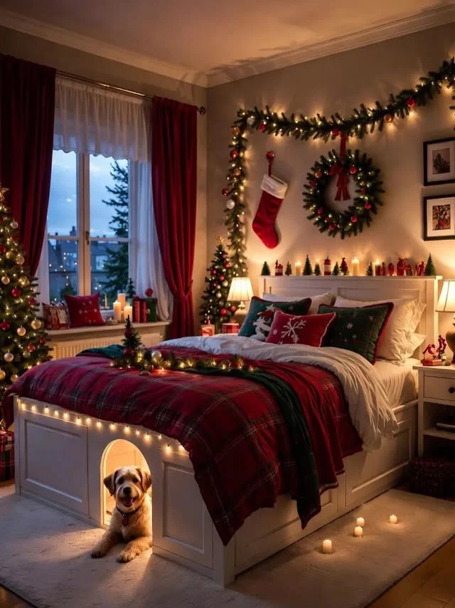Bedroom at dusk with lit garland over headboard, stockings and warm candles