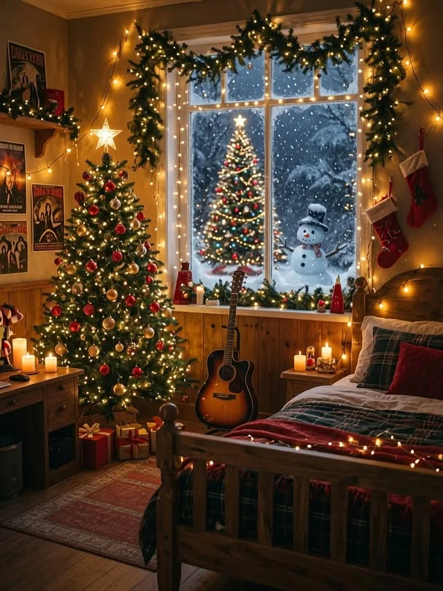 Christmas tree beside a snowy window with snowman, guitar and stockings in a bedroom