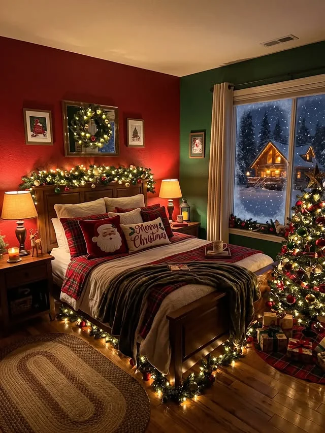 Bedroom with deep red and green walls, plaid bedding and garland lit headboard