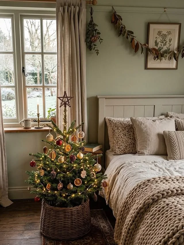 Small Christmas tree in a woven basket on a bedside table next to a bed