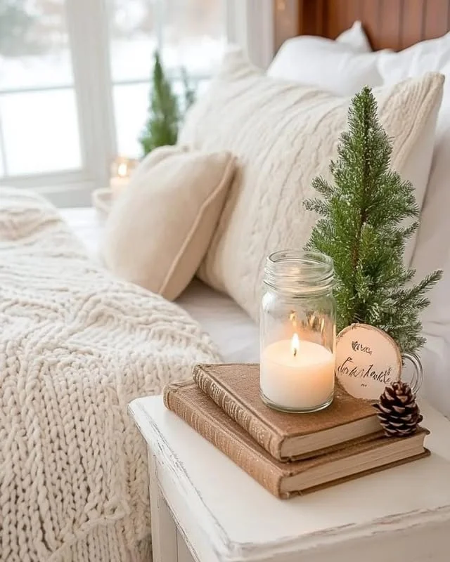 Styled nightstand with vintage books, lit mason jar candle and mini Christmas tree