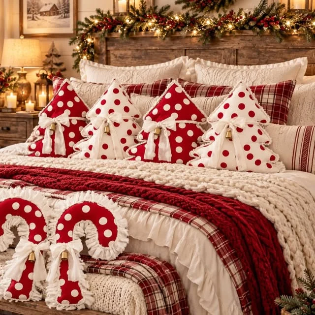Rustic wooden headboard bed with candy cane pillows and red knit throw