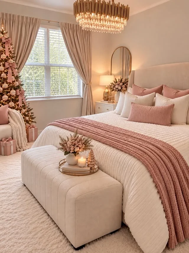 Blush pink Christmas bedroom with pink tree, throw pillows and candle tray