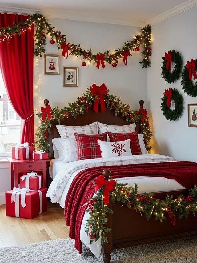 Bed with garland draped over headboard, red bows, wreaths and wrapped gifts