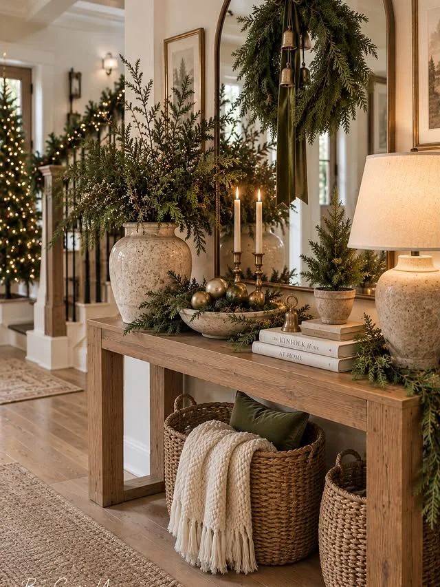 Organic modern Christmas console table with cedar greenery, candles, and woven baskets