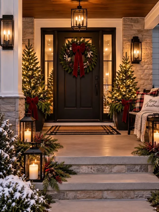 Black front door with wreath and red bow, flanked by lit potted trees and lanterns