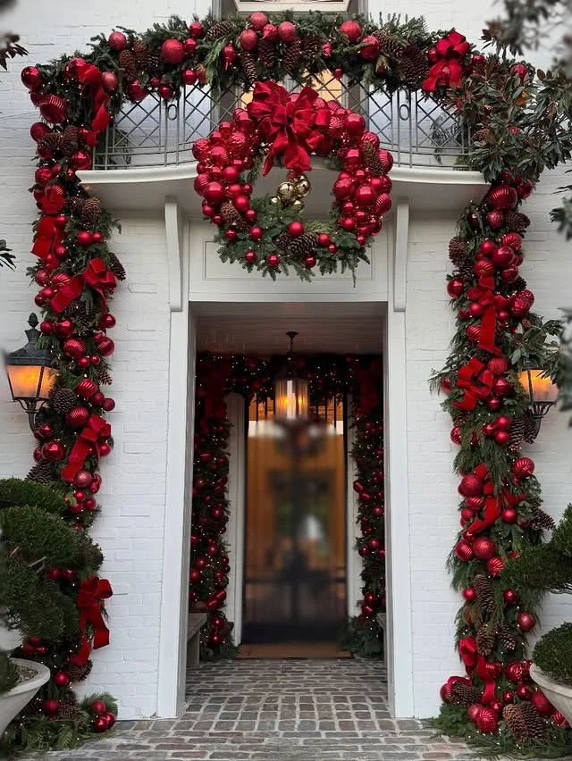 White brick entryway framed by a grand archway of greenery and red baubles