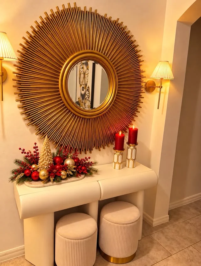 White console table with gold sunburst mirror, red candles, and berry arrangement