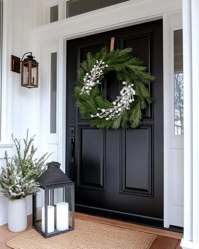 Black front door with simple pine wreath, lantern, and snowy planter