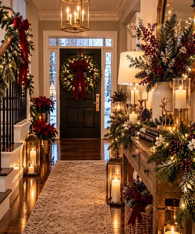 Elegant entryway with wreath and red bow on the door, lit lanterns, and garland staircase