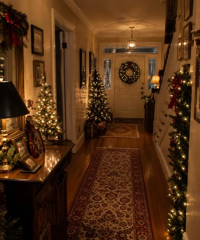 Nostalgic warm hallway with lit Christmas trees, runner rug, and wreath on door