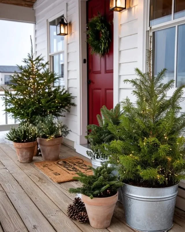 Red front door with wreath, surrounded by potted lit evergreens on a porch
