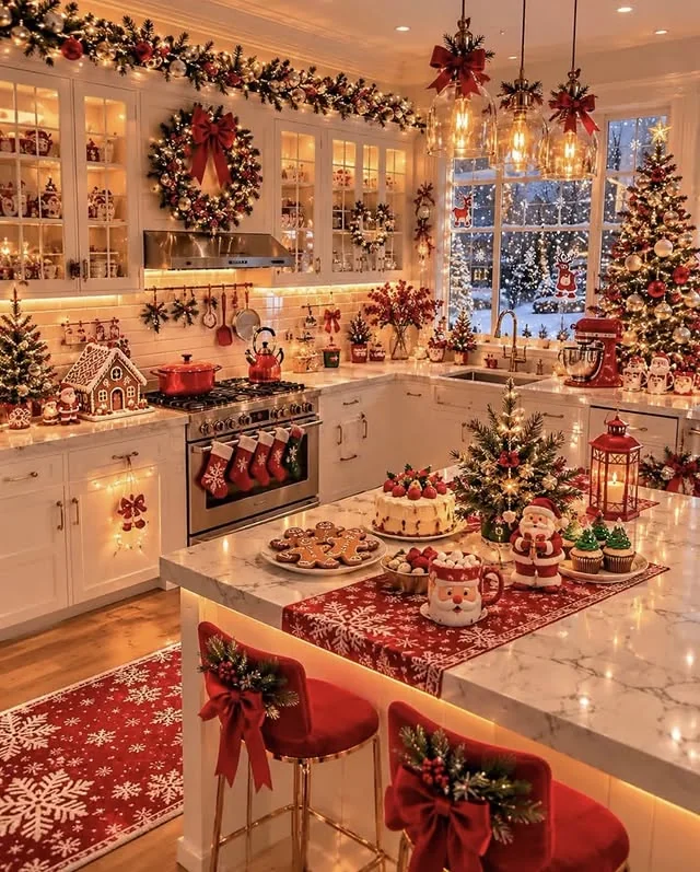 Christmas kitchen with red garland and wreaths on white cabinets