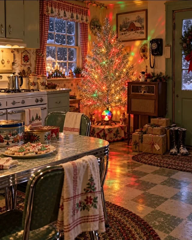 White kitchen island with wreath wrapped chandeliers and red bows