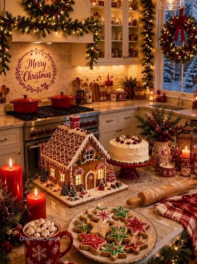 Cozy Christmas kitchen with gingerbread house and decorated tree