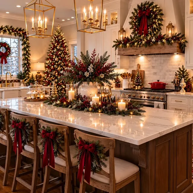 Kitchen island stools with mini wreaths tied in red ribbon