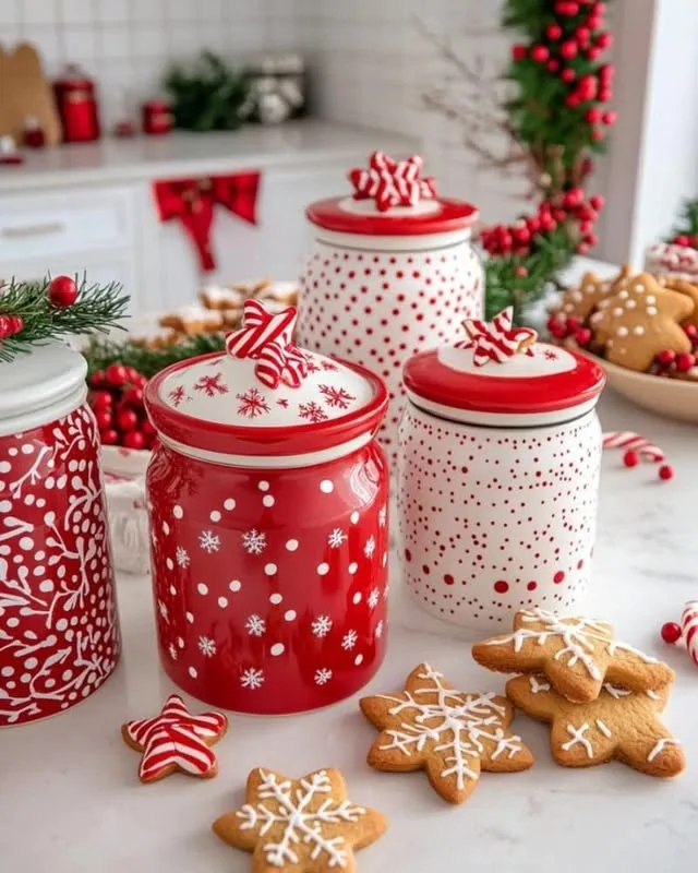 Red and white Christmas cookie jars with gingerbread cookies