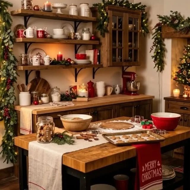Rustic open shelves styled with Christmas mugs and greenery