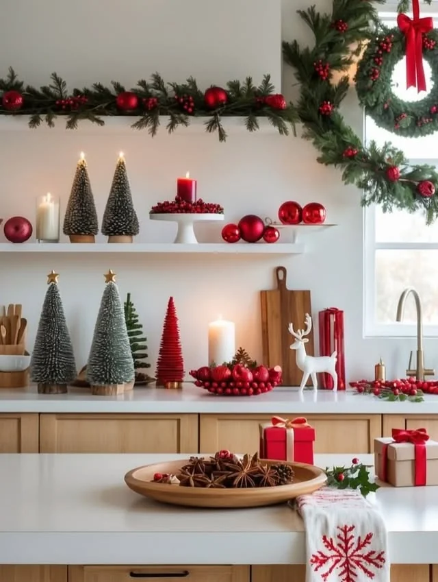 White floating shelves with bottlebrush trees and red ornaments