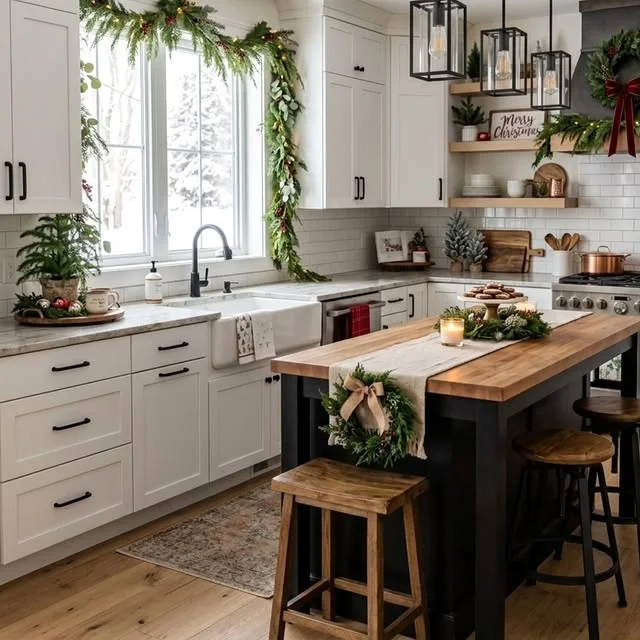Farmhouse kitchen sink window framed with fresh green garland