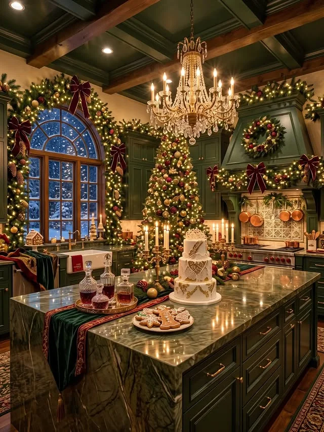Green kitchen island with lush garland and candle centerpiece