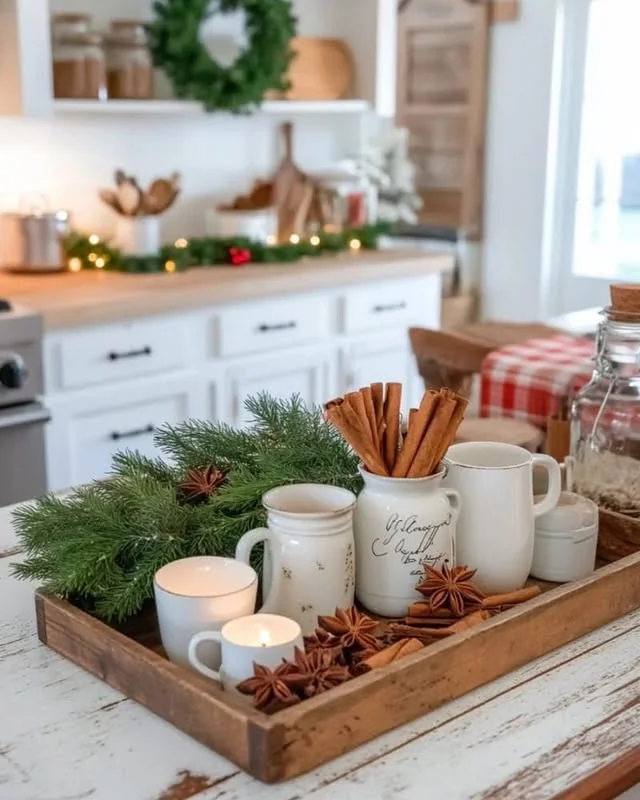 Coffee tray styled with pine greenery, candles and cinnamon