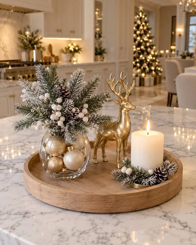 Gold reindeer tray with ornaments on a marble countertop