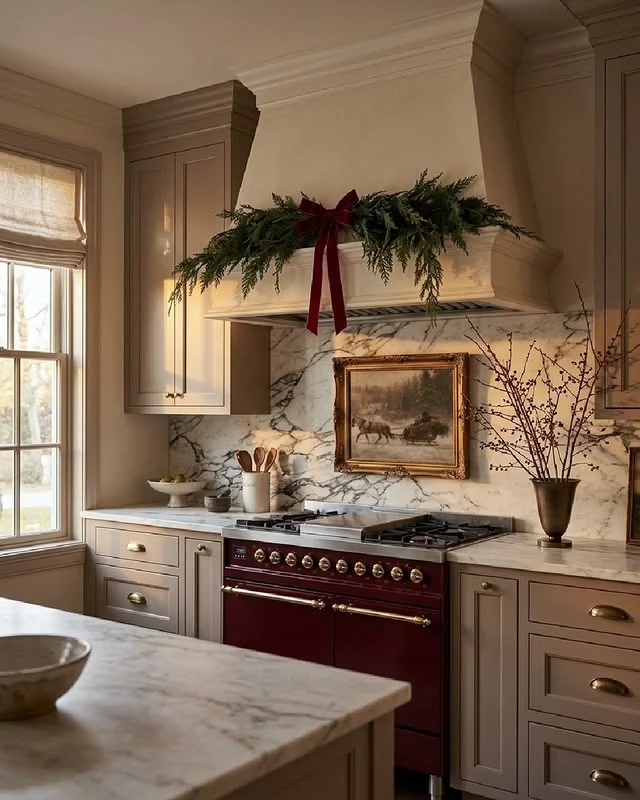 Moody Christmas kitchen island with lanterns and candles at night