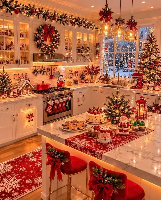 Vintage stove decorated with wreaths and Christmas garland