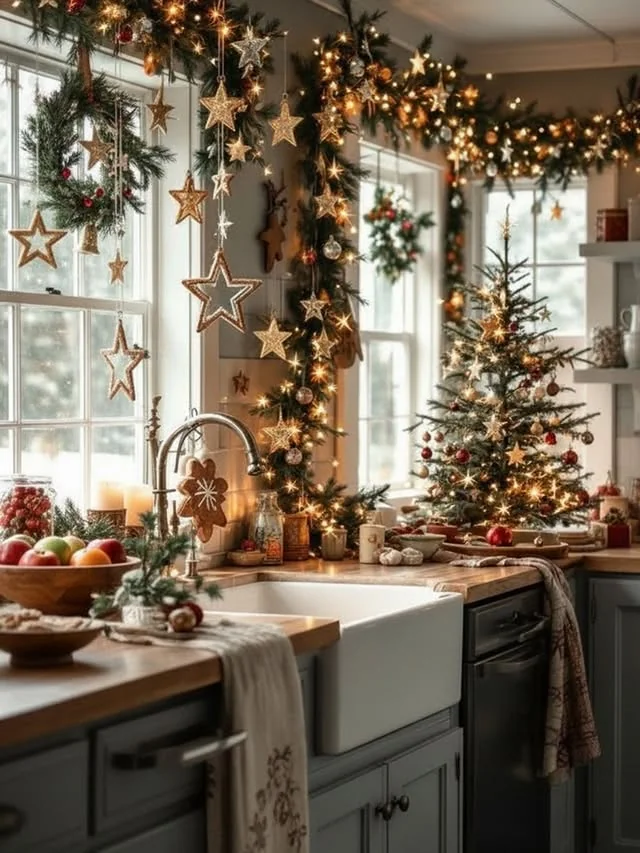 Bright farmhouse kitchen with wreath and garlands on the windows