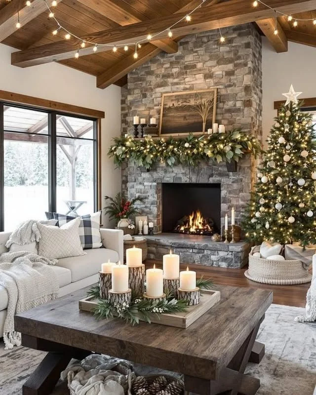 Rustic living room with stone fireplace, lit candles and glowing Christmas tree