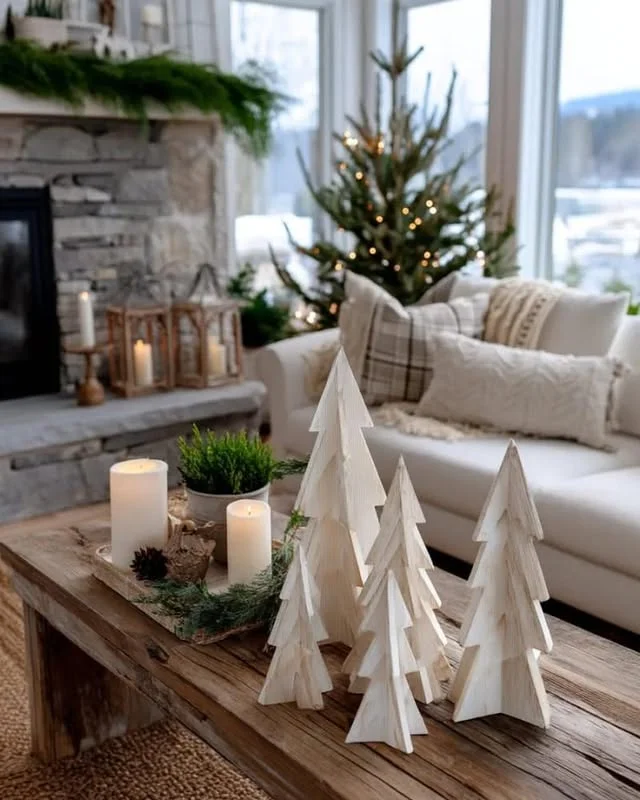 White wooden tree figures styled on a rustic coffee table