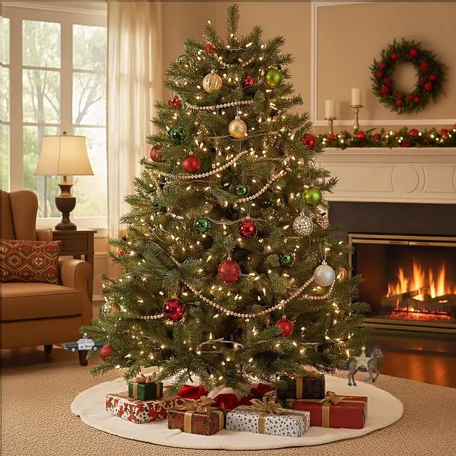 Classic Christmas tree with red and green ornaments near a fireplace