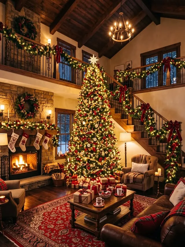 Grand staircase wrapped in glowing garland with a large Christmas tree