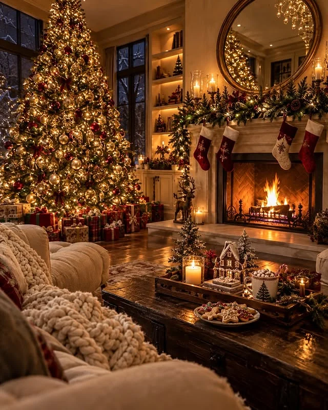Cozy fireplace scene with stockings and a hot cocoa tray on the coffee table