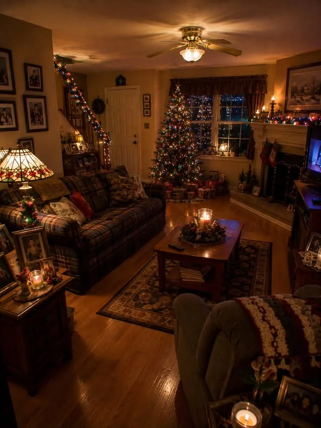 Warm living room with plaid sofa and multicolor Christmas lights
