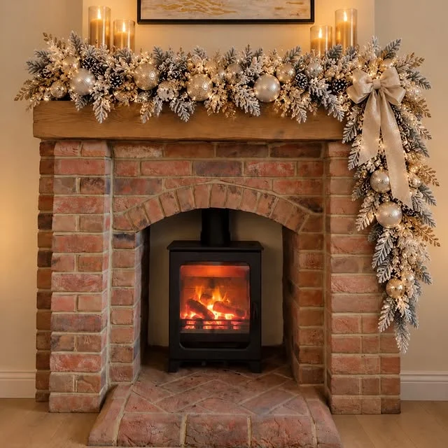 Brick fireplace mantel with champagne gold garland and candles