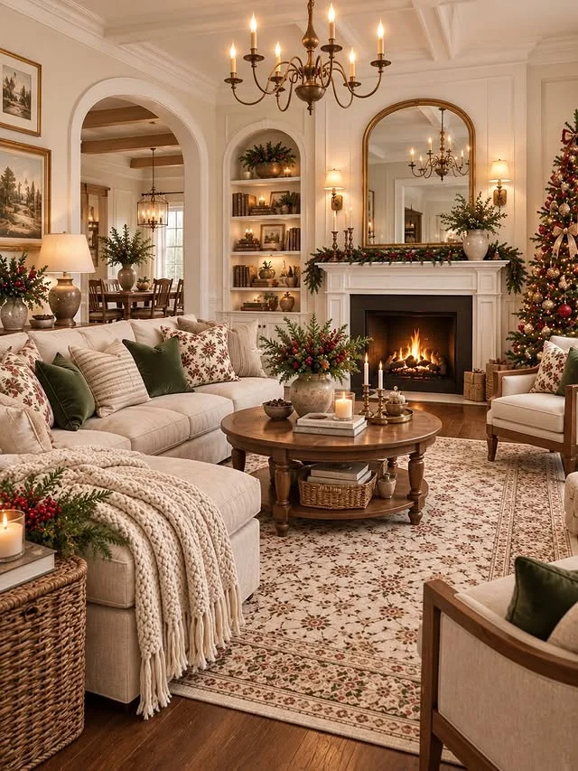 Elegant cream living room with fireplace and Christmas tree