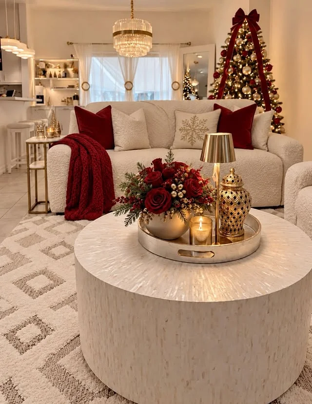 Round coffee table with red roses, a brass lamp, and a glowing candle
