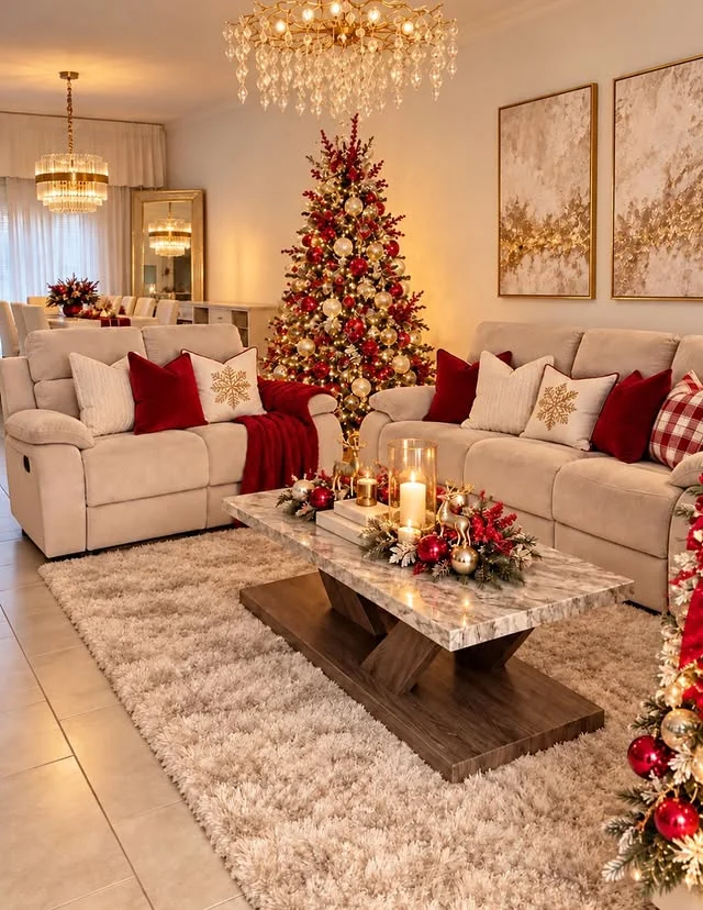 Red and cream living room with glowing Christmas tree and chandelier