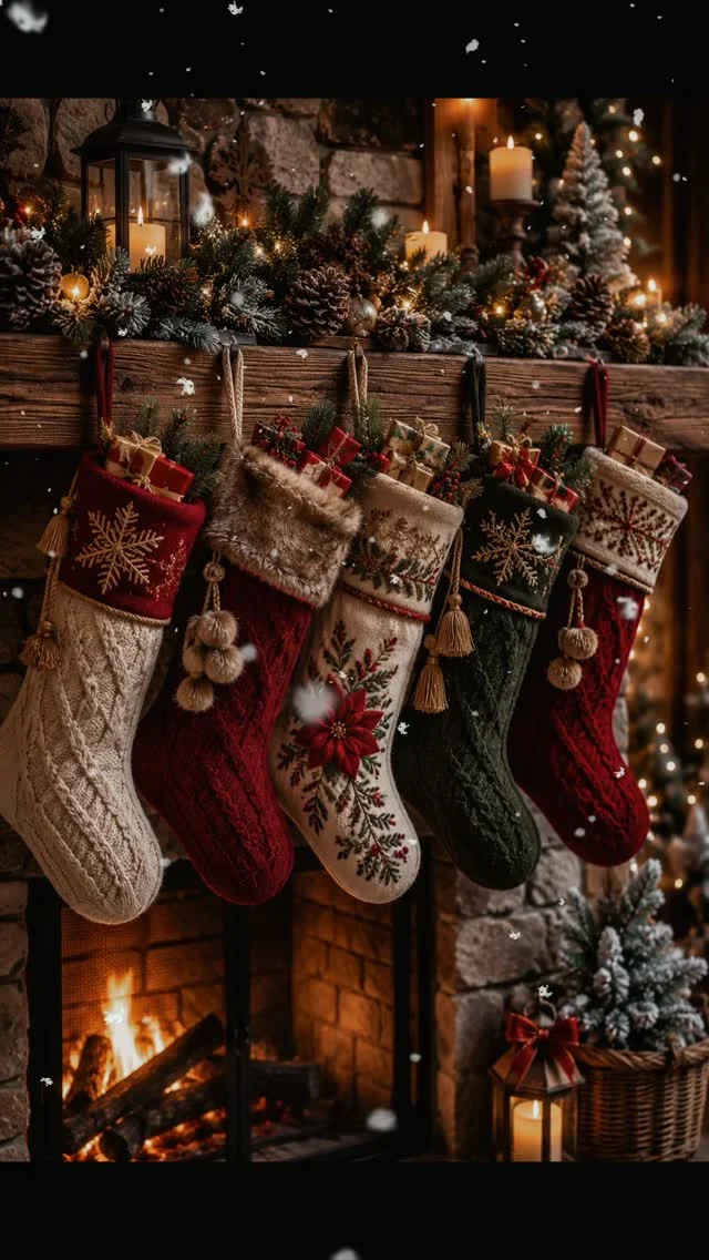 Red Christmas stockings hanging beside a glowing fireplace
