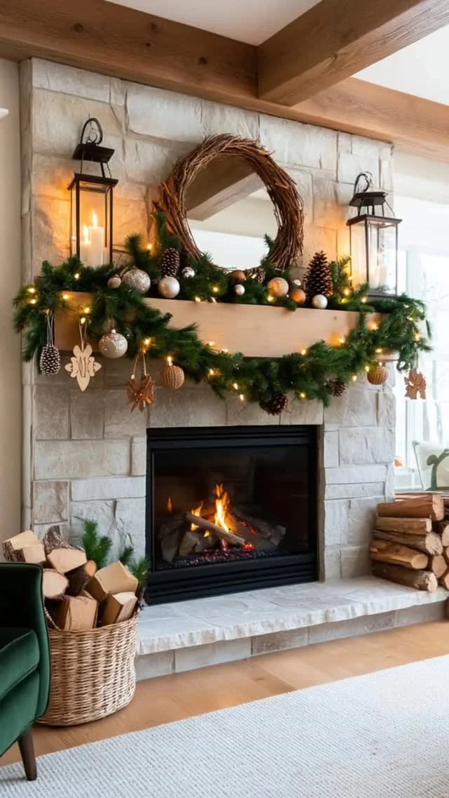 Stone fireplace with twinkling lights, a mirror, and a glowing fire