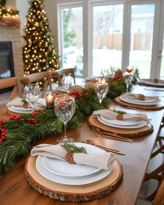 Rustic Christmas table with wood slice chargers, greenery runner, and candles
