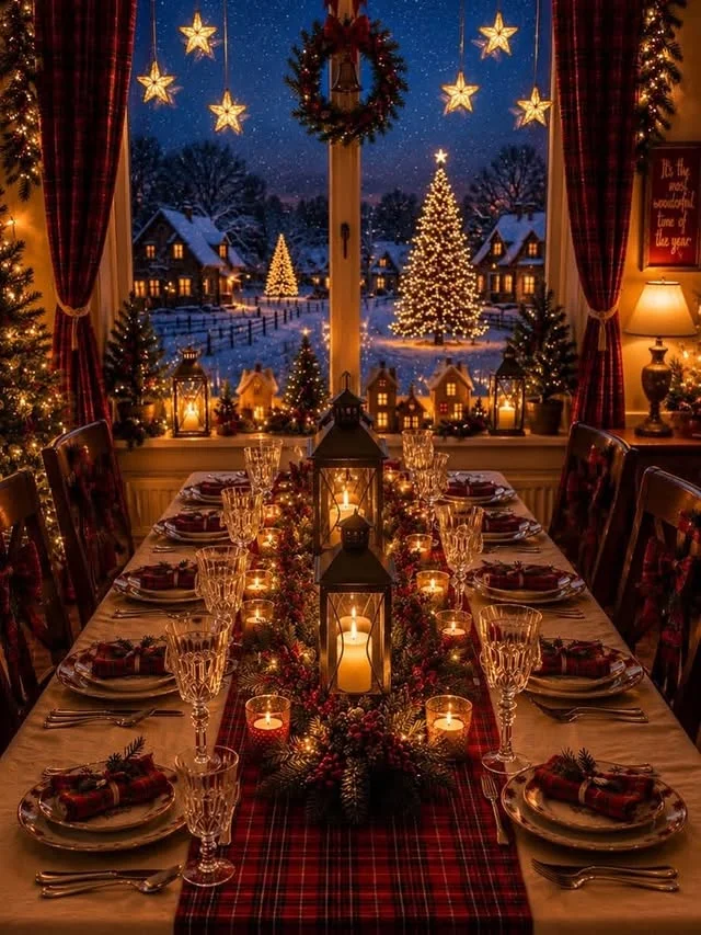 Christmas table by a snowy window with lanterns, candles, and tartan runner