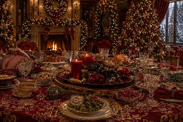Lavish Christmas feast table with red linens, candles, and a fireplace