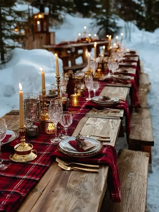 Outdoor Christmas table in the snow with candles and tartan runners
